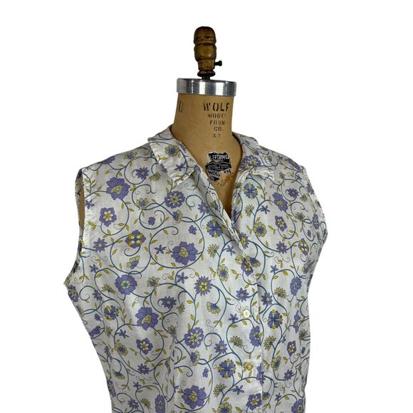 Vintage 50s Sleeveless Blouse Womens 1X Blue Floral Button Down Top Volup - Picture 5 of 9